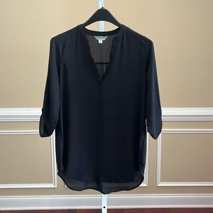 Decree Semi Sheer Black Blouse V Neck Top With Roll Tab Sleeve Size M